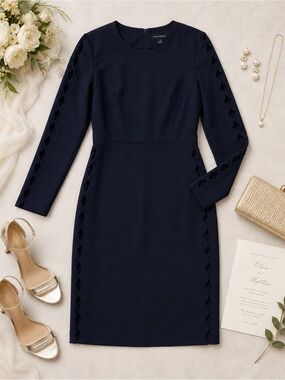 Club Monaco Navy Scallop Cutout Sheath Dress Long Sleeve Size 4 Work Wedding